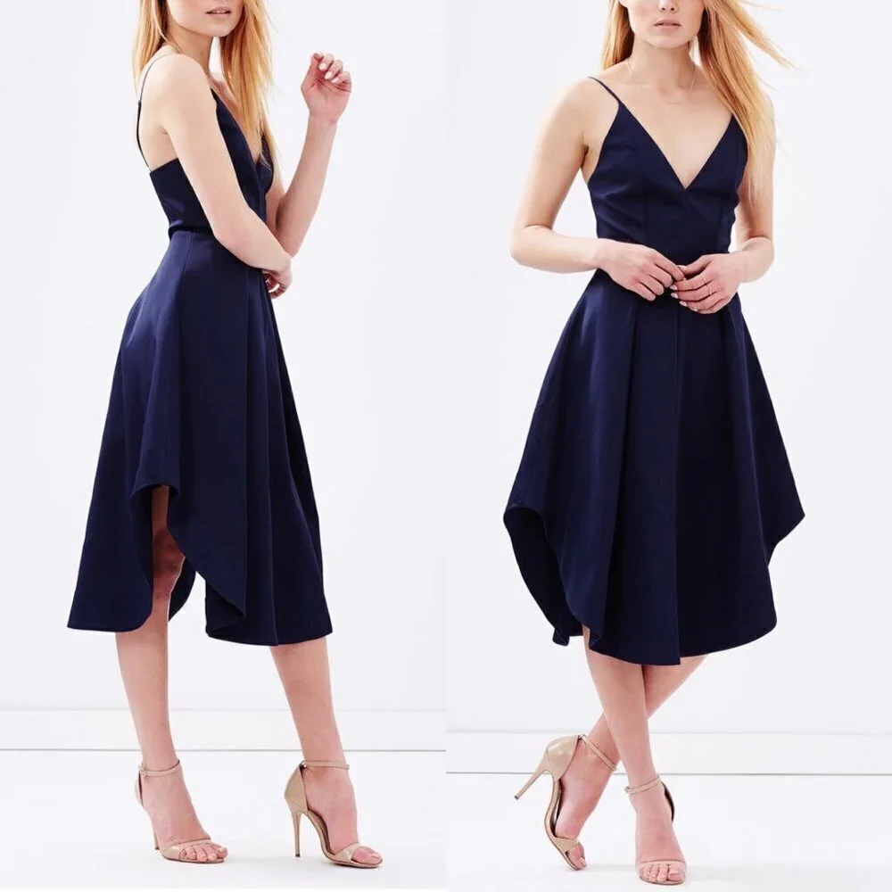 Keepsake Heart Strong Navy Blue Satin Formal Cocktail Party Midi Dress Size M - Picture 3 of 12